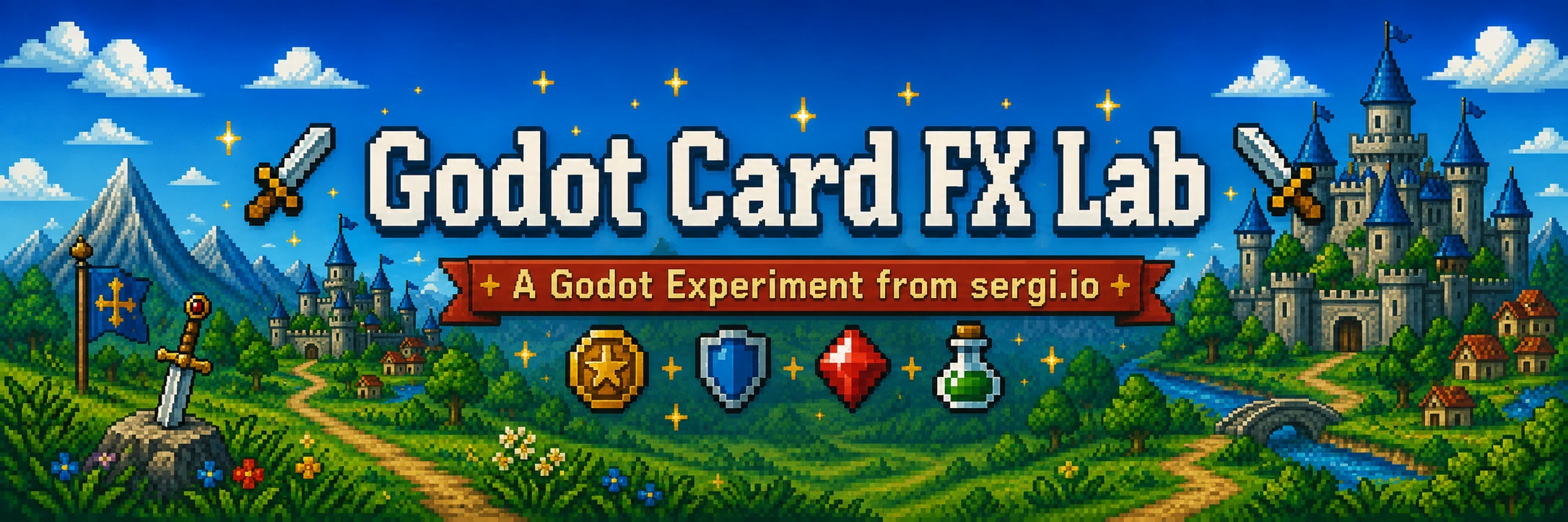 Pixel art banner for Godot Card FX Lab, showing the project title, a castle, and card-game items