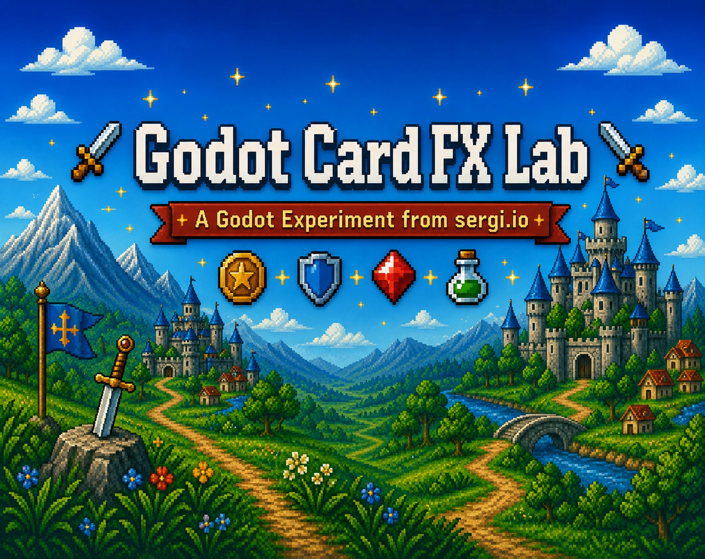 Pixel art illustration for Godot Card FX Lab, showing a fantasy landscape with castles, swords, and card-game items