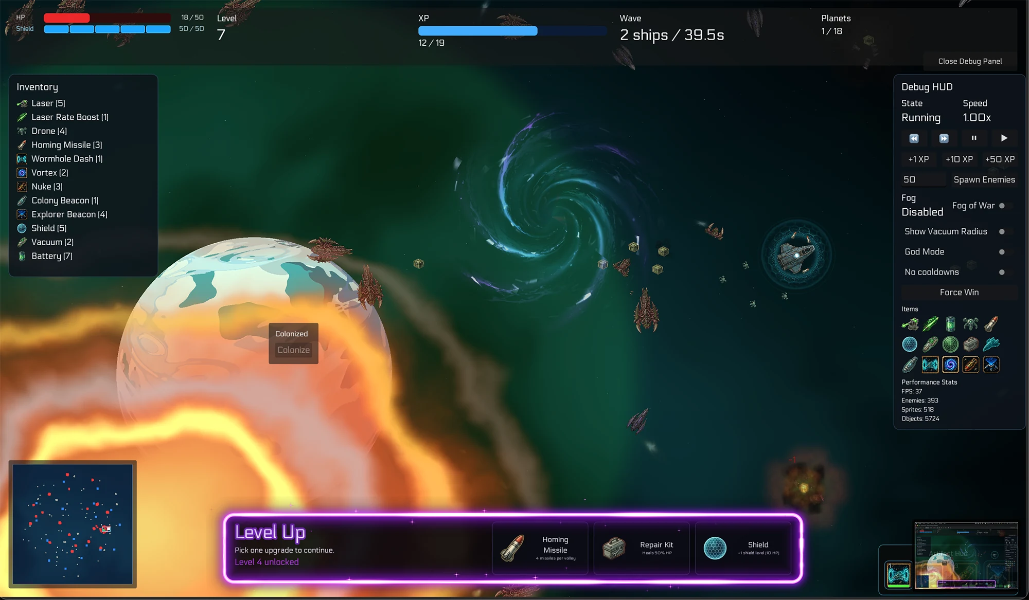 Unobserved game prototype showing a spaceship near a colonized planet, enemies, and a vortex