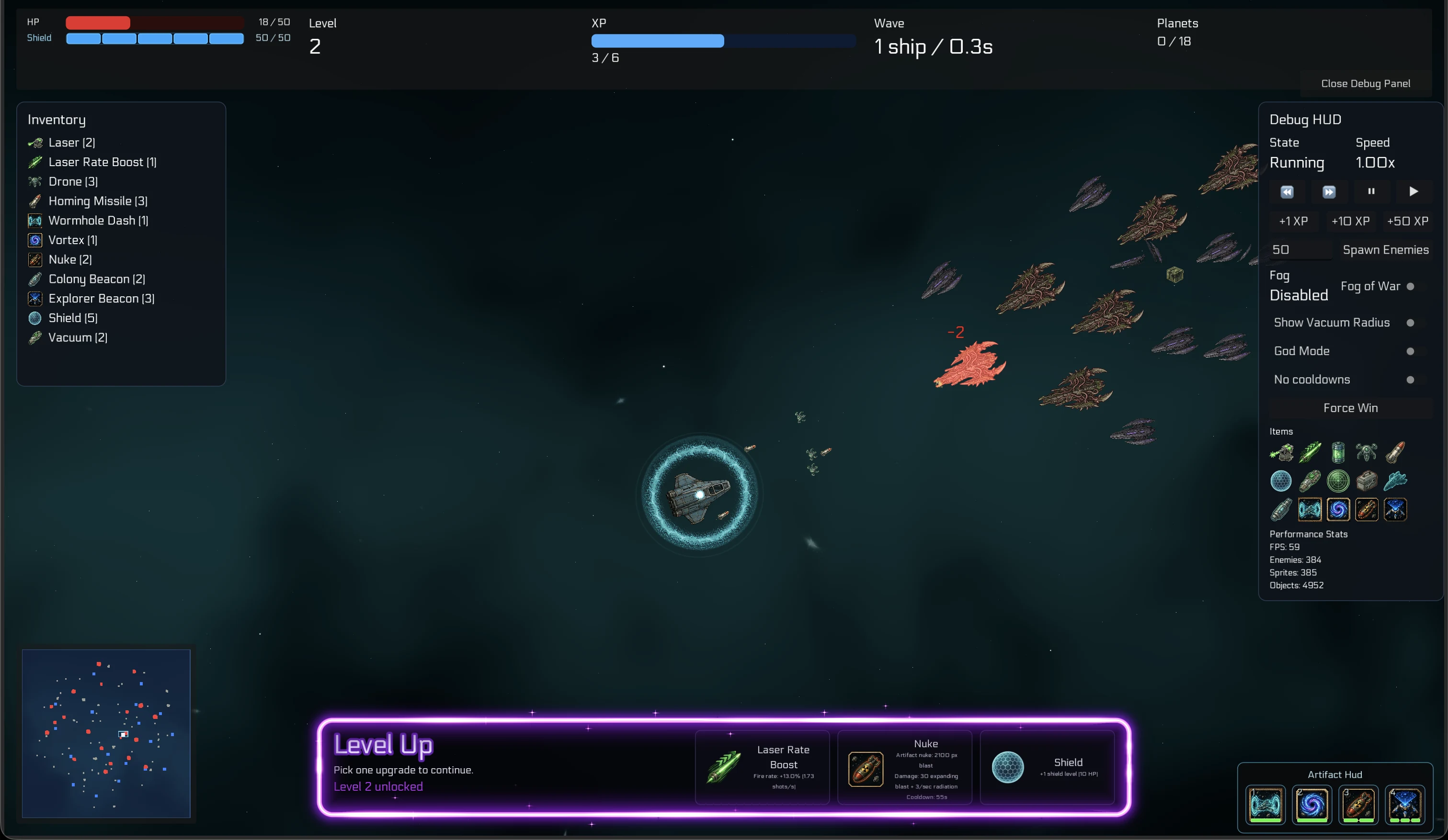 The player's ship facing an enemy wave in Unobserved while choosing a level-up upgrade