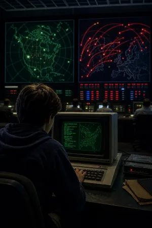 Illustration inspired by WarGames, showing a young person at a 1980s computer and control screens