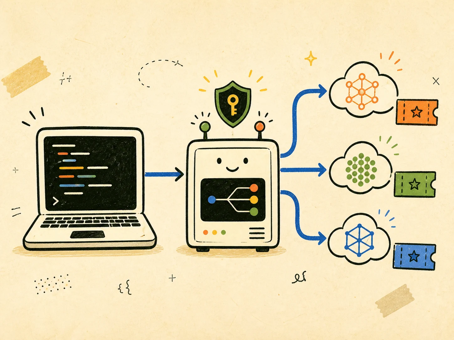 A local terminal sends authenticated requests through a central proxy to 3 AI model services