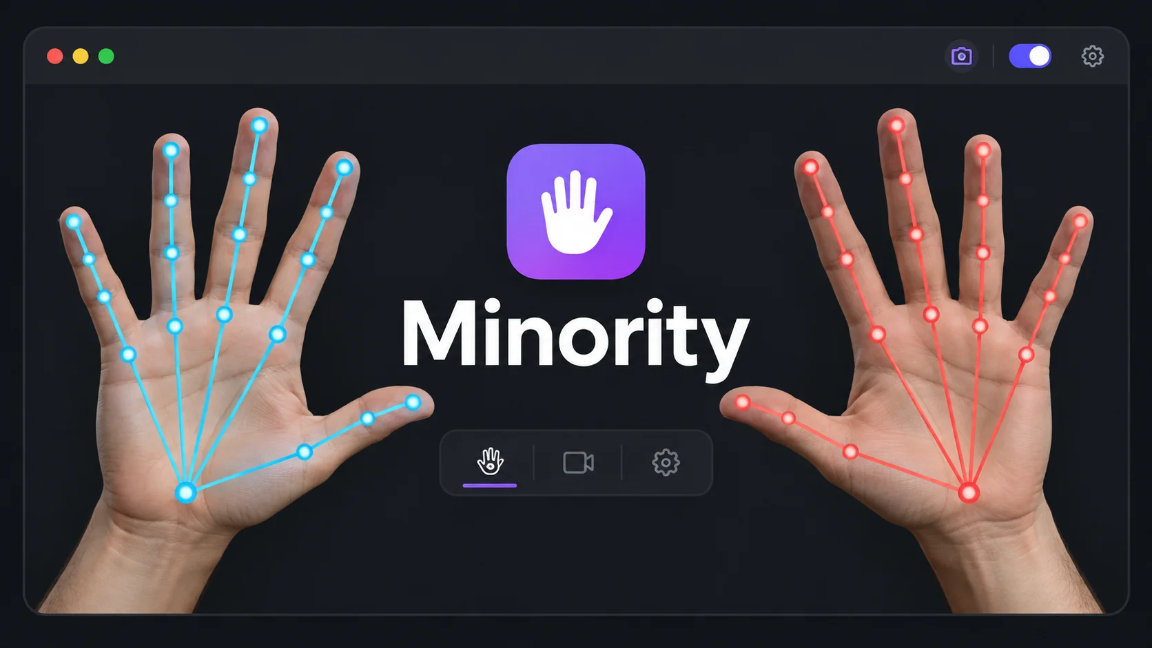 Minority title between 2 hands with cyan and coral tracking overlays in a dark macOS-style window